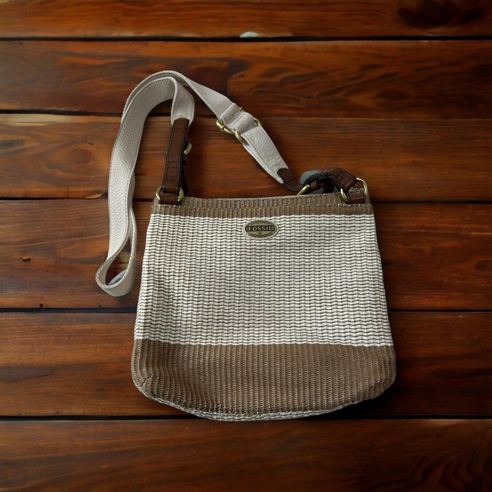 Fossil Crossbody Messenger Bag Saddle Woven Leather Cream Tan Zip Handbag Purse - Picture 2 of 7